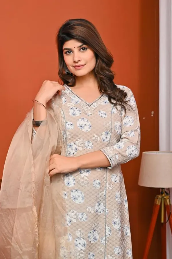 Light_Brown_Trendy_Floral_Tie_&_Dye_Printed_Cotton_Jacquard_A-Line_Kurta_With_Pant_And_Dupatta_For_Women