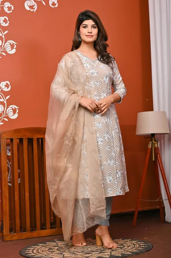 Light_Brown_Trendy_Floral_Tie_&_Dye_Printed_Cotton_Jacquard_A-Line_Kurta_With_Pant_And_Dupatta_For_Women
