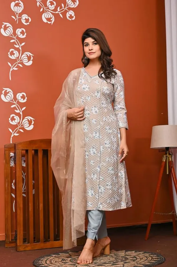 Light_Brown_Trendy_Floral_Tie_&_Dye_Printed_Cotton_Jacquard_A-Line_Kurta_With_Pant_And_Dupatta_For_Women