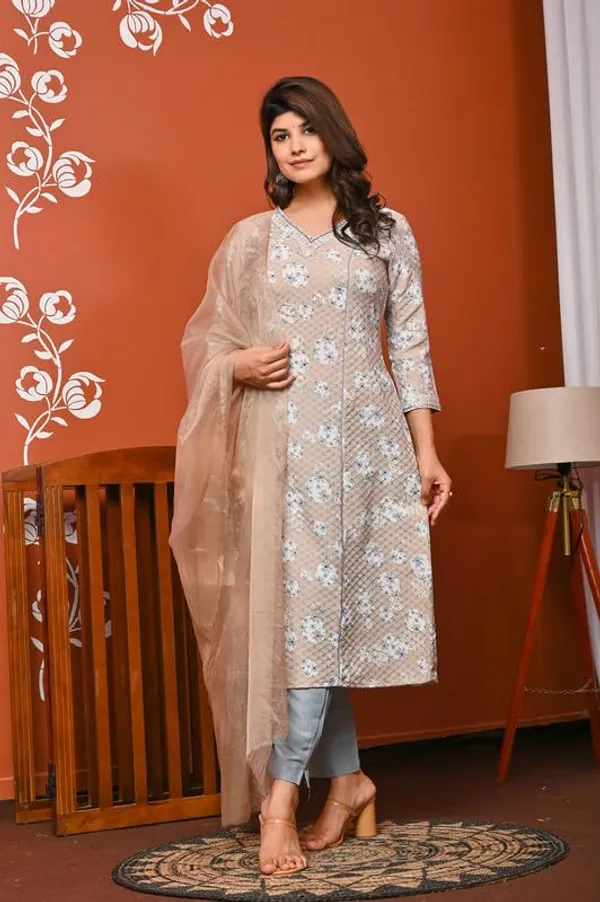 Light_Brown_Trendy_Floral_Tie_&_Dye_Printed_Cotton_Jacquard_A-Line_Kurta_With_Pant_And_Dupatta_For_Women