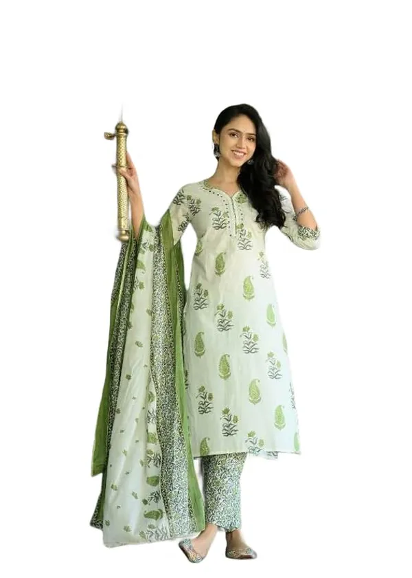 Green_Trendy_Floral_Block_Print_Cotton_Straight_Kurta_With_Pant_And_Dupatta_For_Women