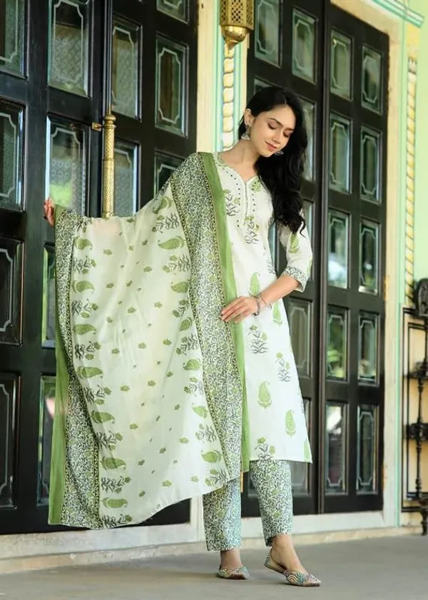 Green_Trendy_Floral_Block_Print_Cotton_Straight_Kurta_With_Pant_And_Dupatta_For_Women