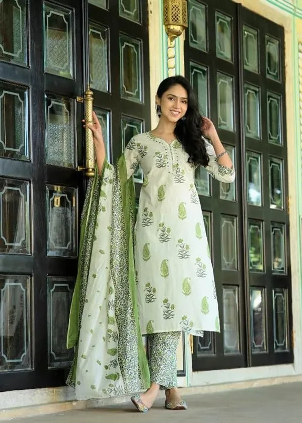 Green_Trendy_Floral_Block_Print_Cotton_Straight_Kurta_With_Pant_And_Dupatta_For_Women