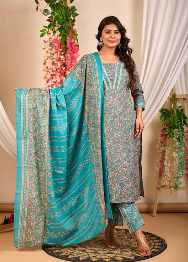 Teal_Blue_Trendy_Floral_Screen_Print_Cotton_Straight_Kurta_With_Pant_And_Dupatta_For_Women