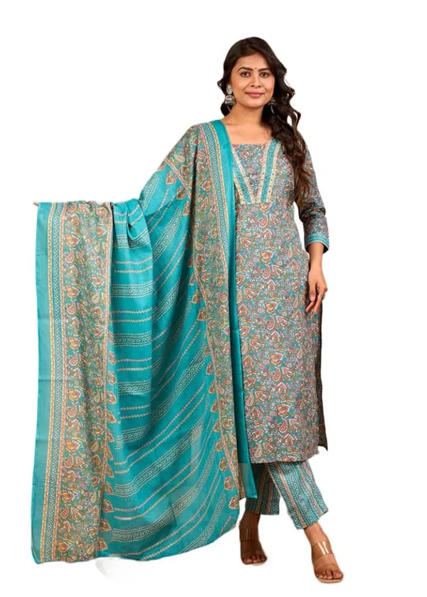Teal_Blue_Trendy_Floral_Screen_Print_Cotton_Straight_Kurta_With_Pant_And_Dupatta_For_Women