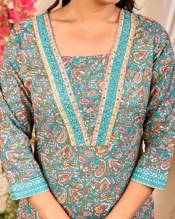 Teal_Blue_Trendy_Floral_Screen_Print_Cotton_Straight_Kurta_With_Pant_And_Dupatta_For_Women