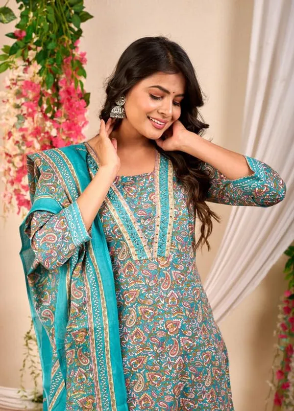 Teal_Blue_Trendy_Floral_Screen_Print_Cotton_Straight_Kurta_With_Pant_And_Dupatta_For_Women