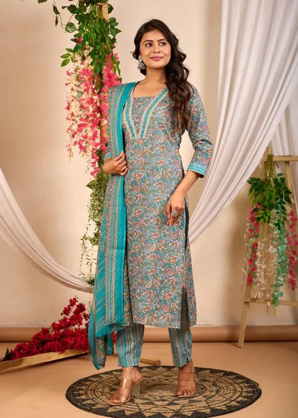 Teal_Blue_Trendy_Floral_Screen_Print_Cotton_Straight_Kurta_With_Pant_And_Dupatta_For_Women