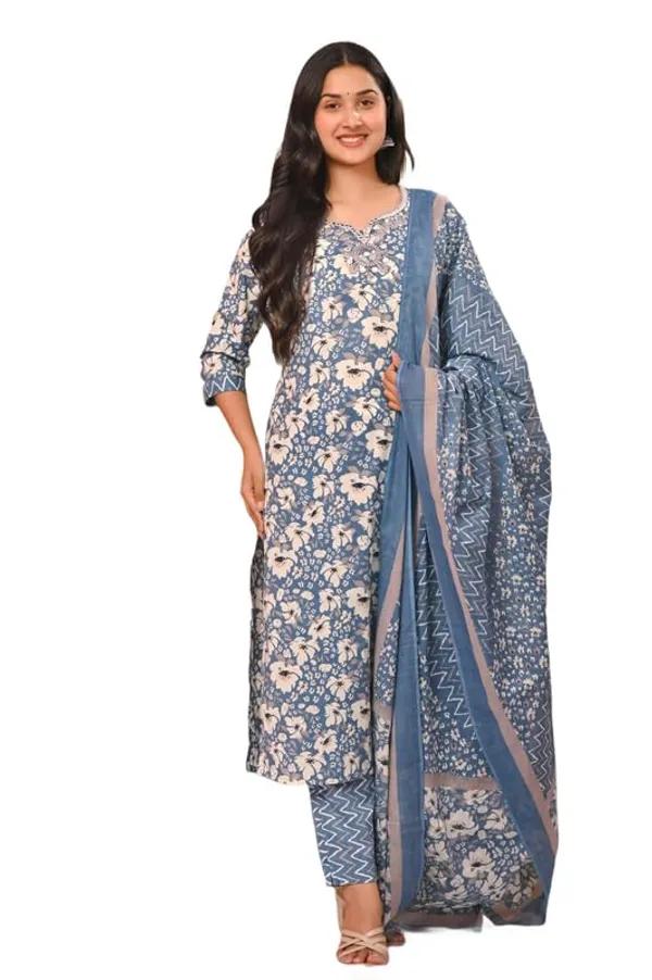 Dark__Blue_Trendy_Floral_Screen_Print_Cotton_A-Line_Kurta_With_Pant_And_Dupatta_For_Women