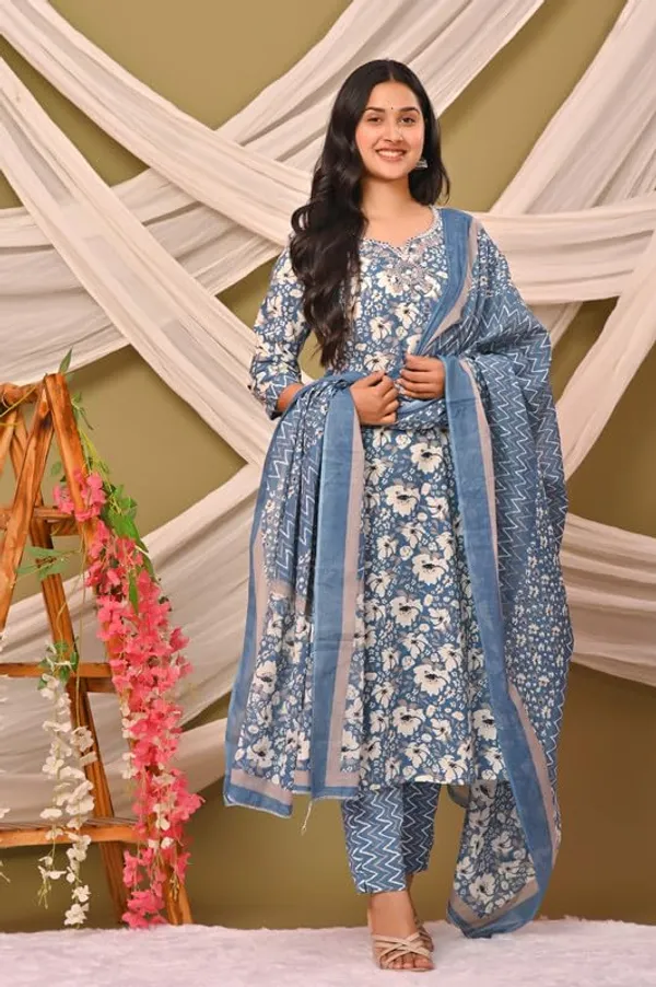 Dark__Blue_Trendy_Floral_Screen_Print_Cotton_A-Line_Kurta_With_Pant_And_Dupatta_For_Women