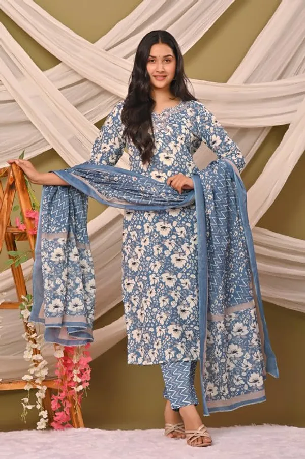 Dark__Blue_Trendy_Floral_Screen_Print_Cotton_A-Line_Kurta_With_Pant_And_Dupatta_For_Women