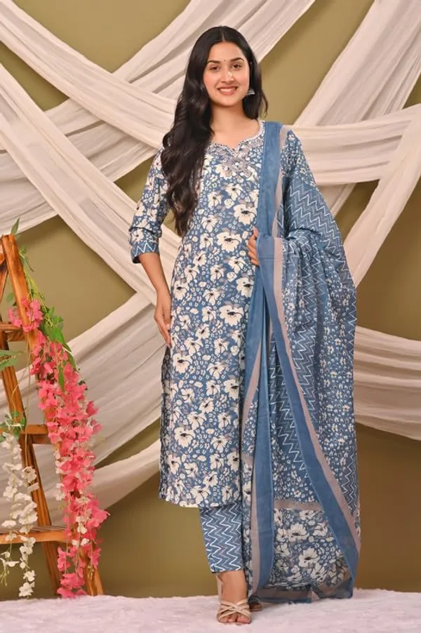 Dark__Blue_Trendy_Floral_Screen_Print_Cotton_A-Line_Kurta_With_Pant_And_Dupatta_For_Women
