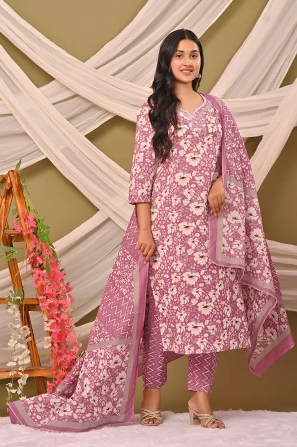 Pink_Trendy_Floral_Screen_Print_Cotton_A-Line_Kurta_With_Pant_And_Dupatta_For_Women