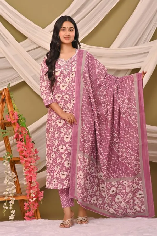 Pink_Trendy_Floral_Screen_Print_Cotton_A-Line_Kurta_With_Pant_And_Dupatta_For_Women