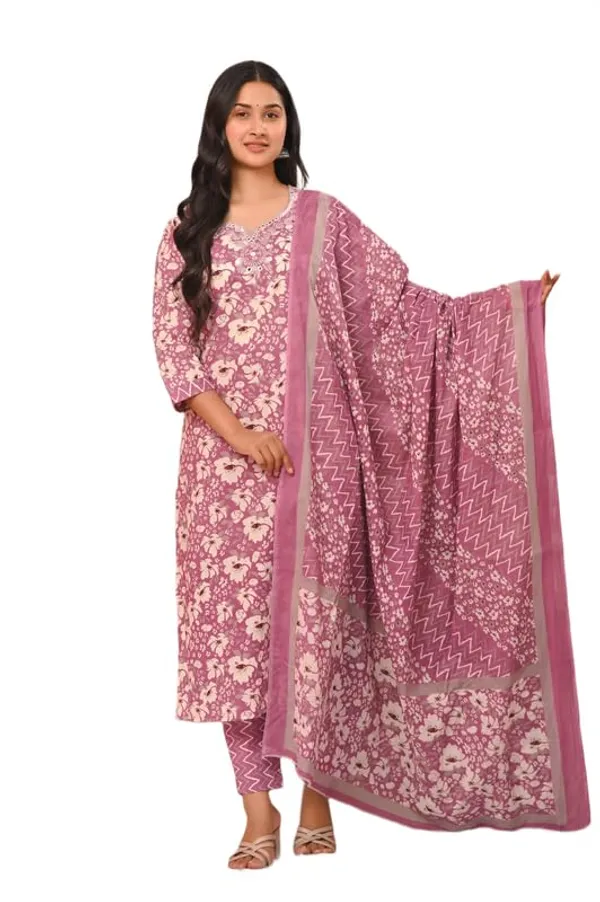 Pink_Trendy_Floral_Screen_Print_Cotton_A-Line_Kurta_With_Pant_And_Dupatta_For_Women