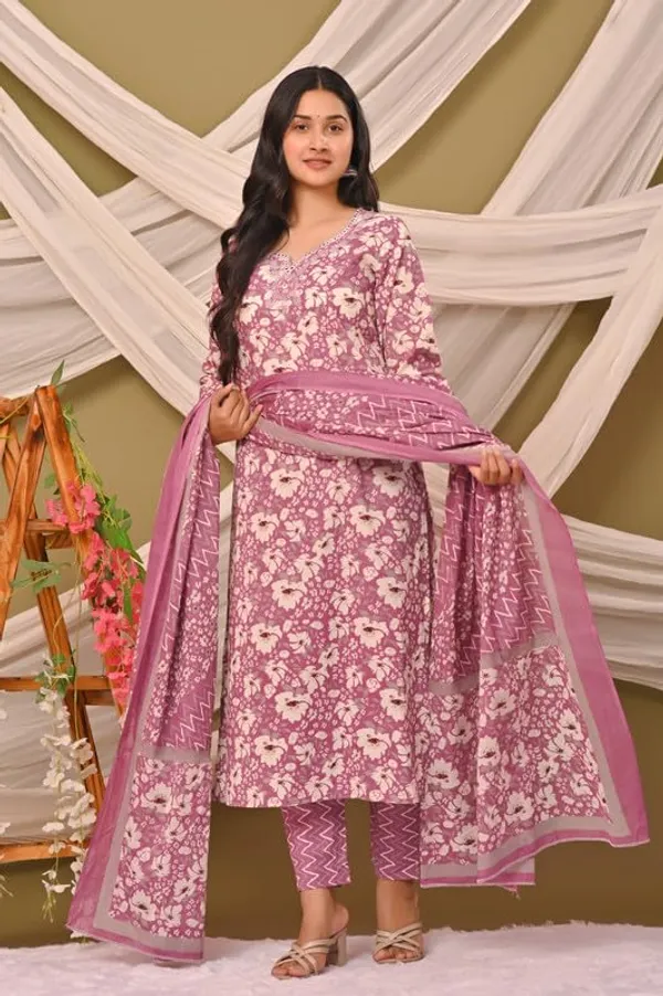 Pink_Trendy_Floral_Screen_Print_Cotton_A-Line_Kurta_With_Pant_And_Dupatta_For_Women