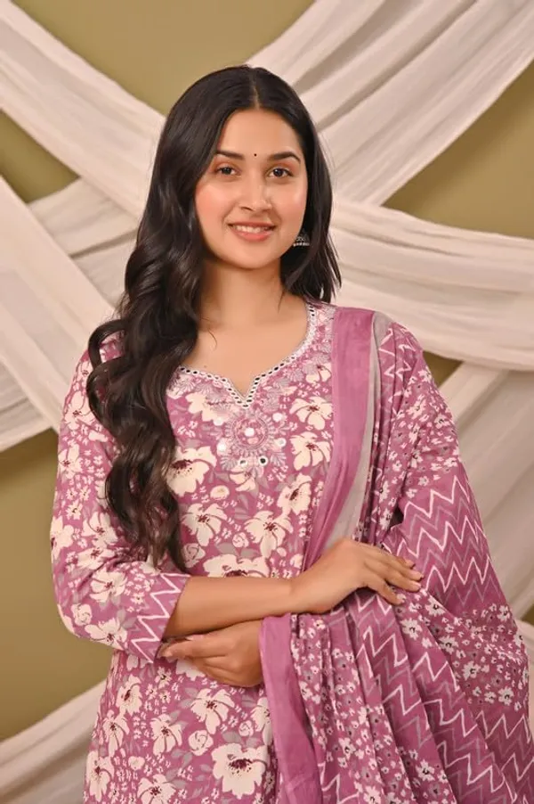 Pink_Trendy_Floral_Screen_Print_Cotton_A-Line_Kurta_With_Pant_And_Dupatta_For_Women