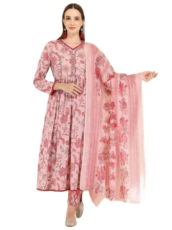 Pink_Trendy_Floral_Screen_Print_Cotton_A-Line_Kurta_With_Pant_And_Dupatta_For_Women