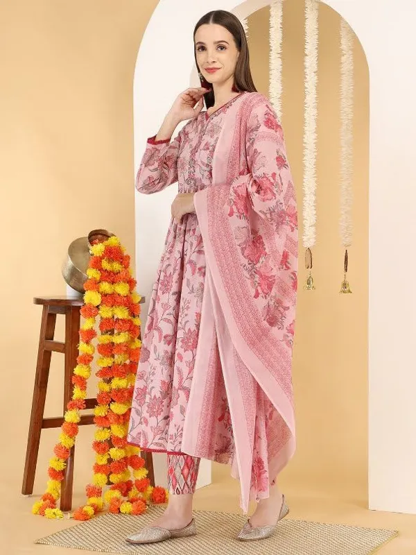 Pink_Trendy_Floral_Screen_Print_Cotton_A-Line_Kurta_With_Pant_And_Dupatta_For_Women