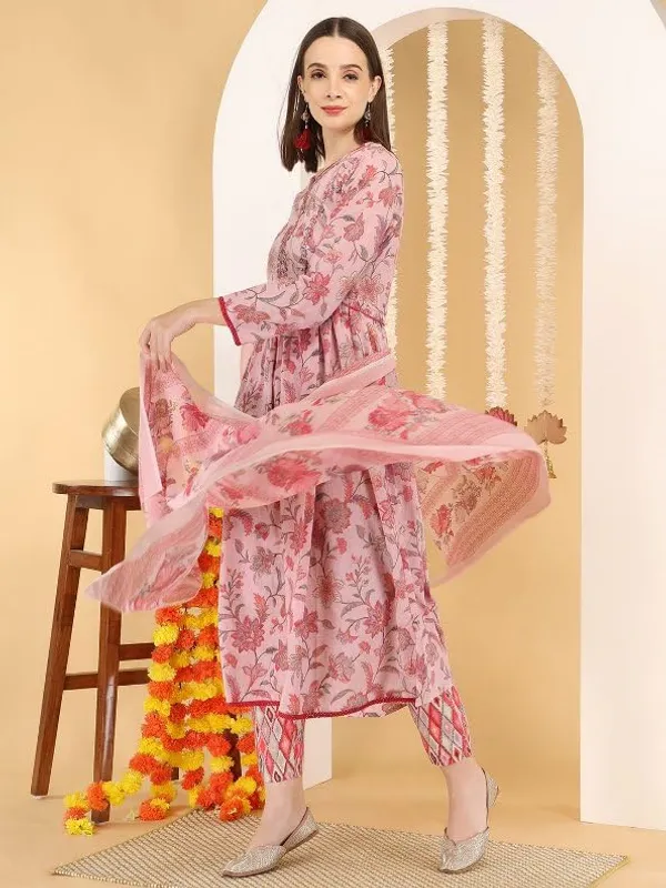 Pink_Trendy_Floral_Screen_Print_Cotton_A-Line_Kurta_With_Pant_And_Dupatta_For_Women