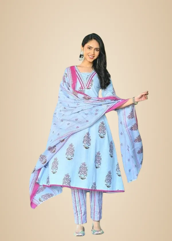 Sky_Blue_Trendy_Floral_Block_Print_Cotton_A-Line_Kurta_With_Pant_And_Dupatta_For_Women