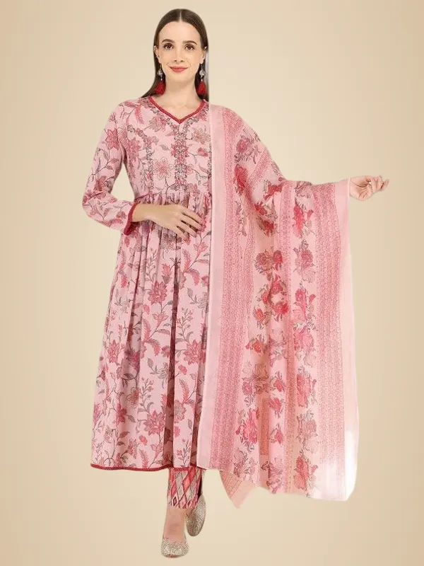 Pink_Trendy_Floral_Screen_Print_Cotton_A-Line_Kurta_With_Pant_And_Dupatta_For_Women