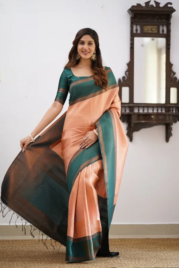 Banarasi_Soft_Silk_PEACH-BOTTLE-GREEN_Premium-Fancy_Saree_With_Blouse_For_Women