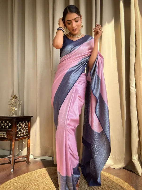 Banarasi_Soft_Silk_LIGH-PINK-NAVY-BLUE_Premium-Fancy_Saree_With_Blouse_For_Women
