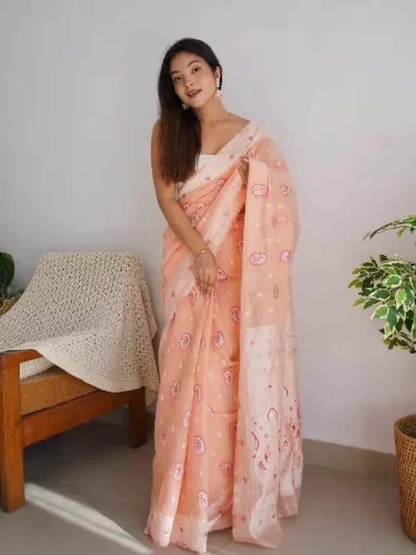 Pure_Soft_Cotton_LIGHT-ORANGE_Premium-Fancy_Saree_With_Blouse_For_Women