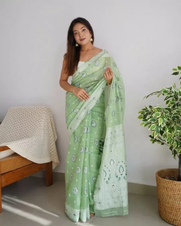 Pure_Soft_Cotton_LIGHT-PISTA_Premium-Fancy_Saree_With_Blouse_For_Women