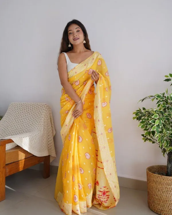 Pure_Soft_Cotton_YELLOW_Premium-Fancy_Saree_With_Blouse_For_Women