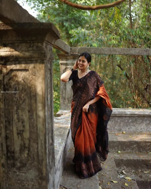 Banarasi_Soft_Silk_BLACK-ORANGE_Premium-Fancy_Saree_With_Blouse_For_Women