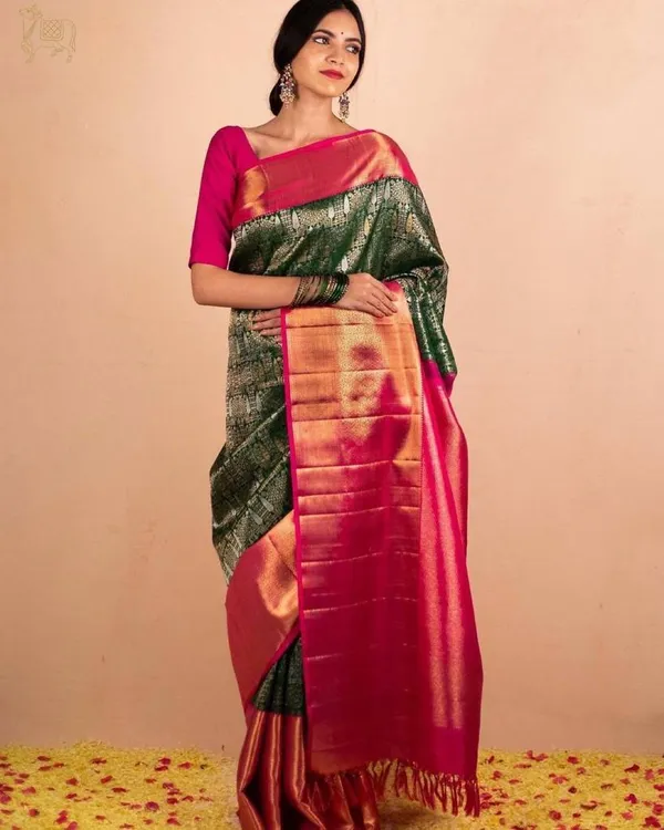 Banarasi_Soft_Silk_BOTTLE-GRREN-RANI_Premium-Fancy_Saree_With_Blouse_For_Women