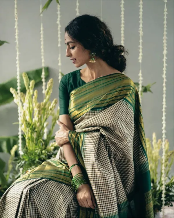 Banarasi_Soft_Silk_OFF-WHITE-BOTTLE-GREEN_Premium-Fancy_Saree_With_Blouse_For_Women