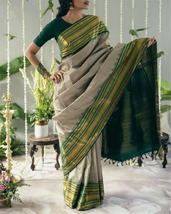 Banarasi_Soft_Silk_OFF-WHITE-BOTTLE-GREEN_Premium-Fancy_Saree_With_Blouse_For_Women