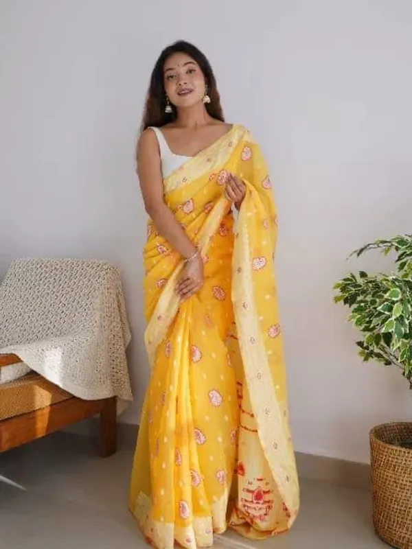 Pure_Soft_Cotton_YELLOW_Premium-Fancy_Saree_With_Blouse_For_Women