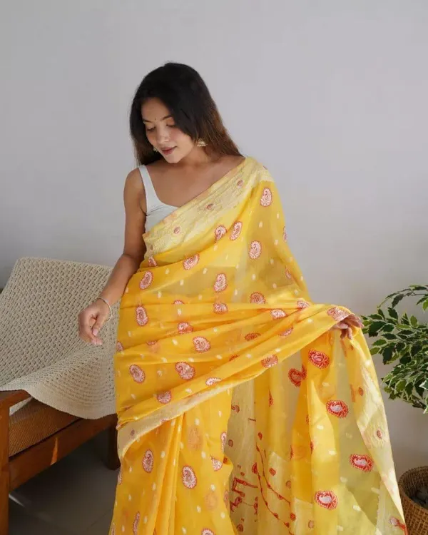 Pure_Soft_Cotton_YELLOW_Premium-Fancy_Saree_With_Blouse_For_Women