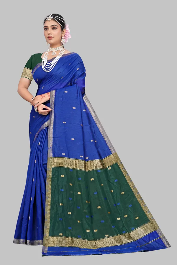 Pure_Soft_Cotton_Blue_And_Green_Premium-Fancy_Saree_With_Blouse_For_Women