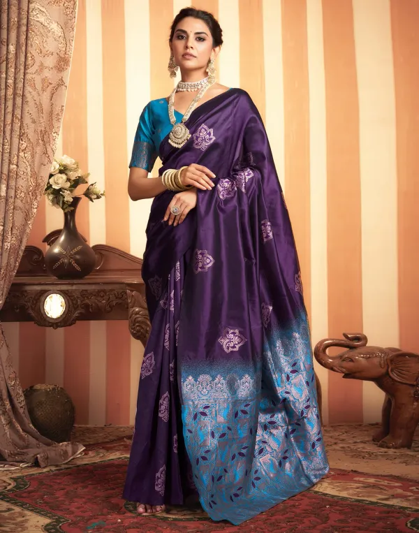 Banarasi_Soft_Silk_Wine_And_Firozi_Premium-Fancy_Saree_With_Blouse_For_Women