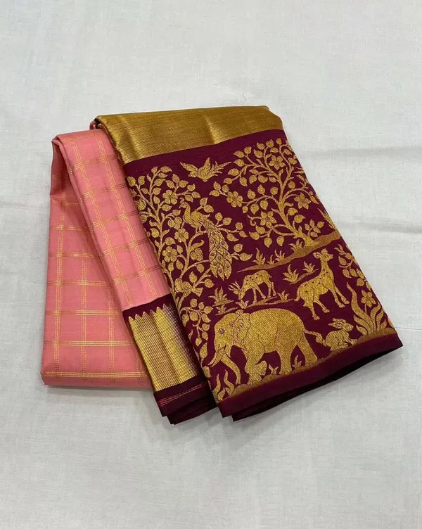 Banarasi_Soft_Silk_PEACH-MAROON_Premium-Fancy_Saree_With_Blouse_For_Women
