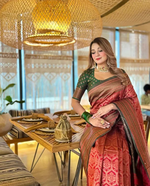 Banarasi_Soft_Silk_MAROON-BOTTLE-GREEN_Premium-Fancy_Saree_With_Blouse_For_Women