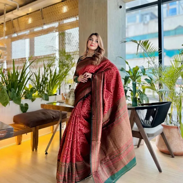 Banarasi_Soft_Silk_MAROON-BOTTLE-GREEN_Premium-Fancy_Saree_With_Blouse_For_Women