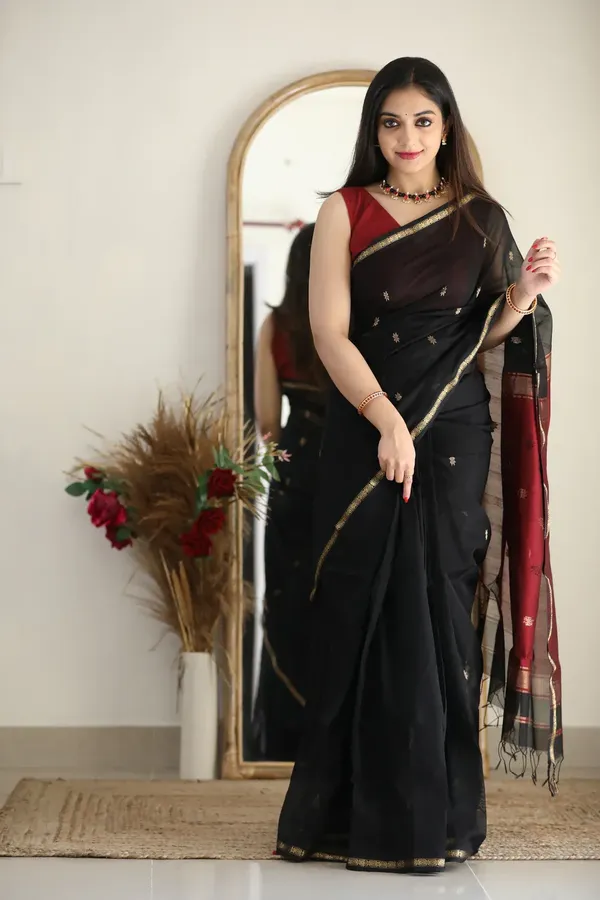 Pure_Soft_Cotton_Black_And_Red_Premium-Fancy_Saree_With_Blouse_For_Women