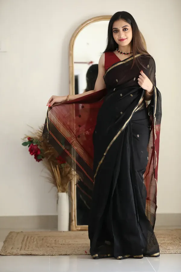Pure_Soft_Cotton_Black_And_Red_Premium-Fancy_Saree_With_Blouse_For_Women