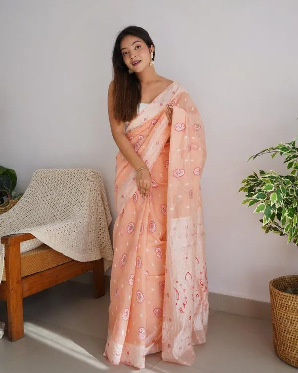 Pure_Soft_Cotton_LIGHT-ORANGE_Premium-Fancy_Saree_With_Blouse_For_Women