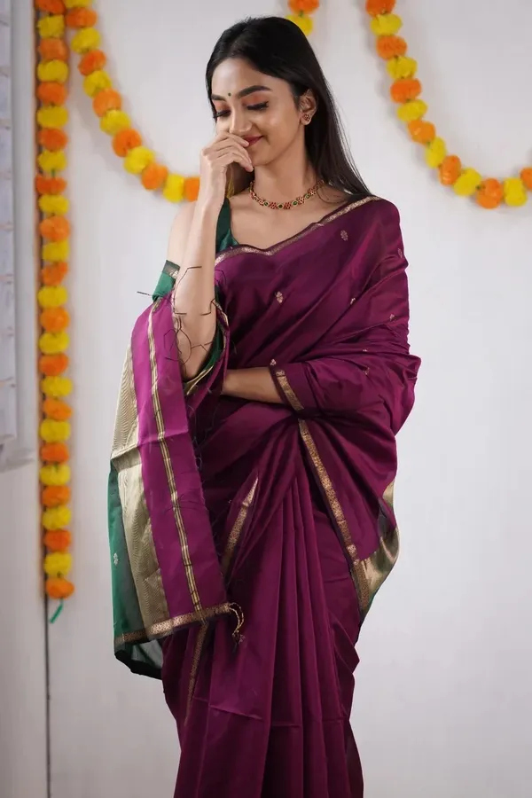 Pure_Soft_Cotton_Cherry_And_Green_Premium-Fancy_Saree_With_Blouse_For_Women
