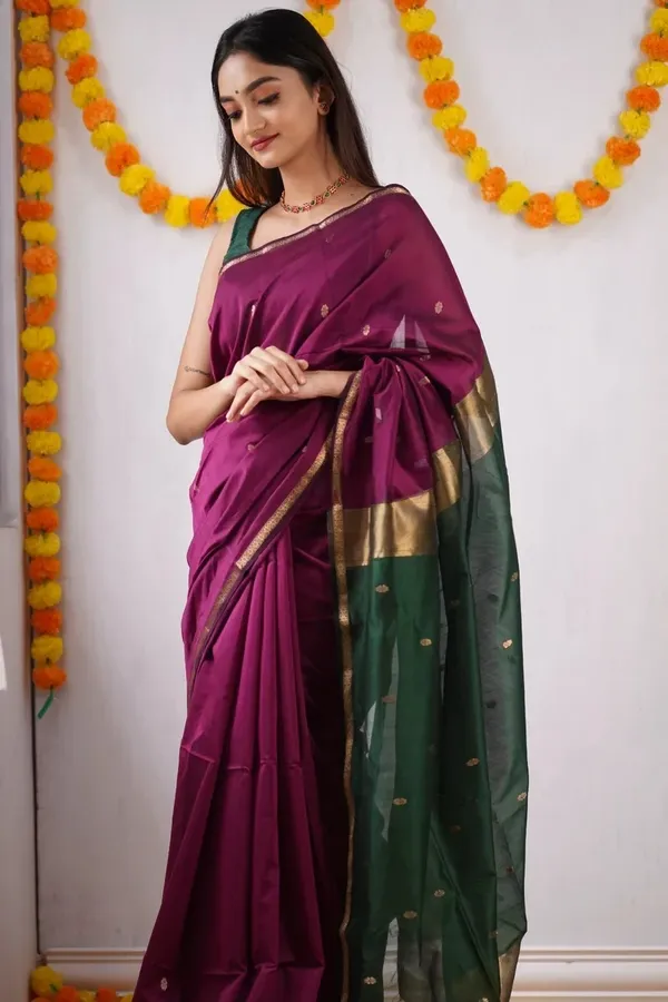 Pure_Soft_Cotton_Cherry_And_Green_Premium-Fancy_Saree_With_Blouse_For_Women