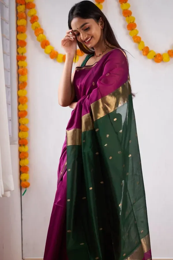 Pure_Soft_Cotton_Cherry_And_Green_Premium-Fancy_Saree_With_Blouse_For_Women