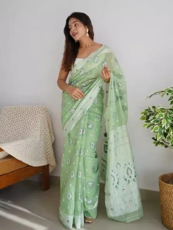 Pure_Soft_Cotton_LIGHT-PISTA_Premium-Fancy_Saree_With_Blouse_For_Women