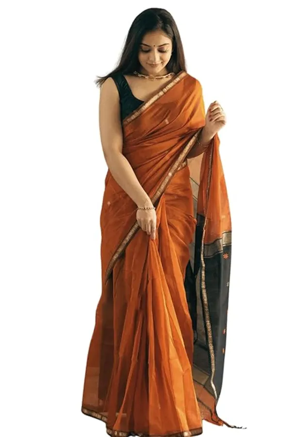 Pure_Soft_Cotton_Orange_And_Black_Premium-Fancy_Saree_With_Blouse_For_Women